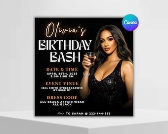 Luxury Black Gold Birthday Flyer, Glam Party Template, Editable Canva Design (Digital Download)