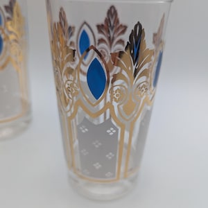 Set of 8 Vintage Highball Glasses Blue Gold and White