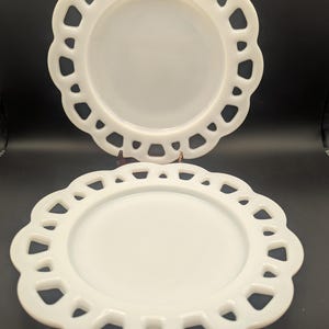 Vintage Milk Glass Salad Plates With Open Edge Lace Set of Two