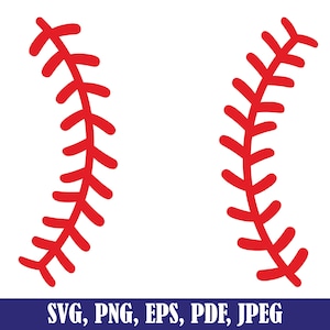 Puede incluir: Dos diseños de costuras de béisbol rojas curvas sobre un fondo blanco. Cada costura está compuesta por una serie de líneas curvas conectadas. La parte inferior de la imagen tiene el texto "SVG, PNG, EPS, PDF, JPEG" en letras blancas sobre un fondo azul oscuro.