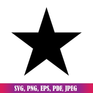 Puede incluir: Una estrella negra sólida de cinco puntas centrada sobre un fondo blanco. Debajo de la estrella, el texto SVG, PNG, EPS, PDF, JPEG se muestra en fuente blanca sobre una barra horizontal magenta sólida en la parte inferior.