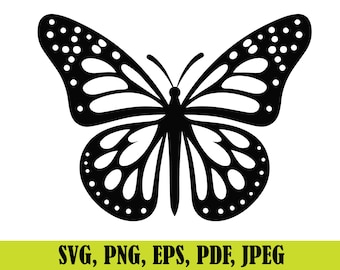 May include: A black and white butterfly design with detailed wing patterns. The butterfly has rounded wings with dotted edges and intricate internal shapes. The image includes the text "SVG, PNG, EPS, PDF, JPEG" in a green banner.
