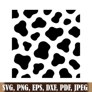May include: A digital graphic file featuring a repeating black and white cow print pattern. The design consists of irregular, rounded black spots scattered across a solid white background, creating a high-contrast, organic animal hide motif.