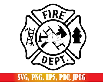 May include: Black and white firefighter emblem with the words "FIRE DEPT." and a central design featuring a helmet, axe, and ladder. The emblem is in the shape of a Maltese cross. The bottom banner reads "SVG, PNG, EPS, PDF, JPEG".