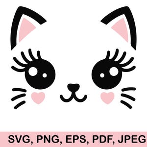 Cat face svg, Cute cat eyelashes, Kawaii, Baby cat head svg, Clipart, silhouette, printable, Cute design for kids, Cut file, Cricut, Pet Png