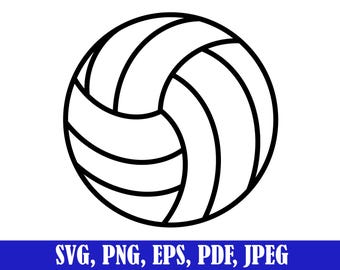 May include: A black and white volleyball illustration. The ball is round with curved black lines that create a segmented pattern. The bottom of the image has the text "SVG, PNG, EPS, PDF, JPEG" in white letters on a blue background.