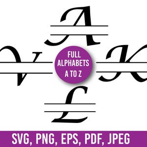 May include: Black split-letter designs of the letters A, V, K, and L, with a purple circle in the center that reads "FULL ALPHABETS A TO Z". The bottom of the image has the text "SVG, PNG, EPS, PDF, JPEG".