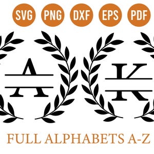 Könnte beinhalten: Schwarz-weiße geteilte Monogramm-Designs, jeweils in einem Lorbeerkranz. Die Buchstaben "A" und "K" sind abgebildet. Das Bild enthält orangefarbene Kreise mit dem Text "SVG", "PNG", "DXF", "EPS" und "PDF". Der Text "FULL ALPHABETS A-Z" befindet sich darunter.