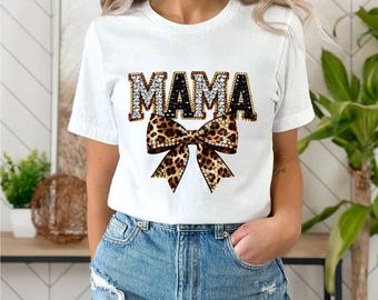 Mama Leopard Bow Faux Rhinestone PNG, DTF Sublimation Design