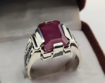Natural Red Ruby Sterling Silver 925 Handcrafted Ring Small Modern Wedding Band July Birthstone