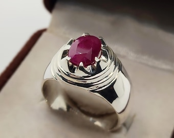 Anello fatto a mano in argento sterling 925 con rubino naturale / Gioiello con pietra preziosa rossa per la nascita di luglio / Regalo per l'anniversario di matrimonio con rubino