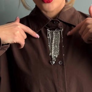 Silver Chain Safety Pin Brooch: Punk Boho Heart & Star Charm