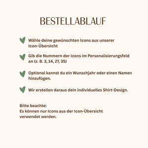 May include: An informational graphic with the heading BESTELLABLAUF in dark brown text. It features four green heart icons next to German instructions for ordering a custom shirt design, including selecting icons and adding names or years.