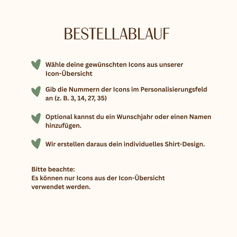 May include: An informational graphic with the heading BESTELLABLAUF in dark brown text. It features four green heart icons next to German instructions for ordering a custom shirt design, including selecting icons and adding names or years.