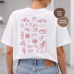 Doodle Icons T-Shirt personalisiert - Geschenk für Sie – Individuelles Geschenk mit Hobbys & Icons – Geburtstagsgeschenk Freundin