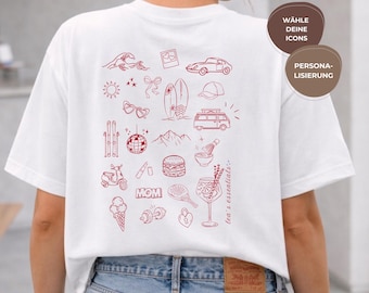 Personalized Doodle Icons T-Shirt - Gift for Her - Unique Gift with Hobbies & Icons - Birthday Gift for Girlfriend