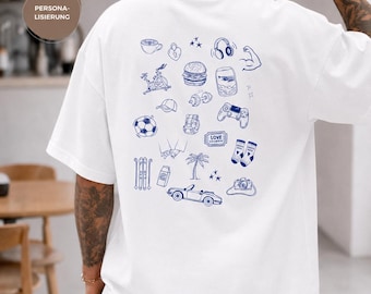 パーソナライズされたアイコン落書きTシャツ - 誕生日プレゼント - 男性へのパーソナライズギフト - 特大オーガニックコットンシャツ