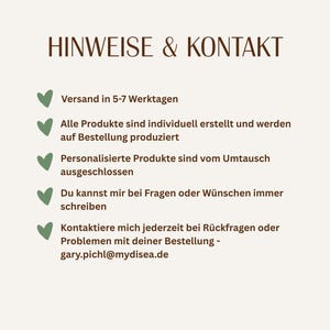 May include: A cream-coloured graphic with the text "HINWEISE & KONTAKT" in brown. Below, bullet points detail product information, including custom production and contact details. The email address gary.pichl@mydisea.de is also visible.