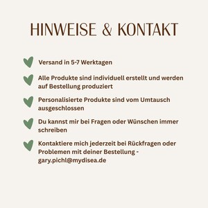 Puede incluir: Un gr&aacute;fico color crema con el texto "HINWEISE & KONTAKT" en marr&oacute;n. Debajo, vi&ntilde;etas detallan la informaci&oacute;n del producto, incluida la producci&oacute;n personalizada y los datos de contacto. Tambi&eacute;n es visible la direcci&oacute;n de correo electr&oacute;nico gary.pichl@mydisea.de.