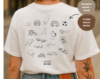 Personalisiertes Bio Baumwolle Shirt, Linienillustration, Wunschmotive, Persönlichkeitsmerkmale, Geburtstagsgeschenk, Doodle Shirt