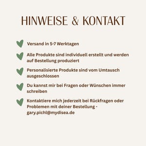 May include: A cream-colored graphic with the text "HINWEISE & KONTAKT" in brown. Below, bullet points detail product information, including custom orders and contact details. The email address gary.pichl@mydisea.de is also included.