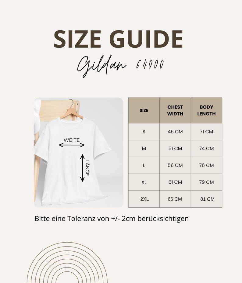 May include: A white t-shirt hanging on a wooden hanger, with a size guide chart. The chart lists sizes S to 2XL, chest width in centimeters, and body length in centimeters. The text "SIZE GUIDE" and "Gildan 64000" are at the top.