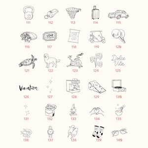 May include: A collection of thirty black and white line art icons arranged in a grid, each labelled with a number from 111 to 140. The icons depict various objects including a kettlebell, whistle, basketball hoop, suitcase, car, food, animals, and household items.