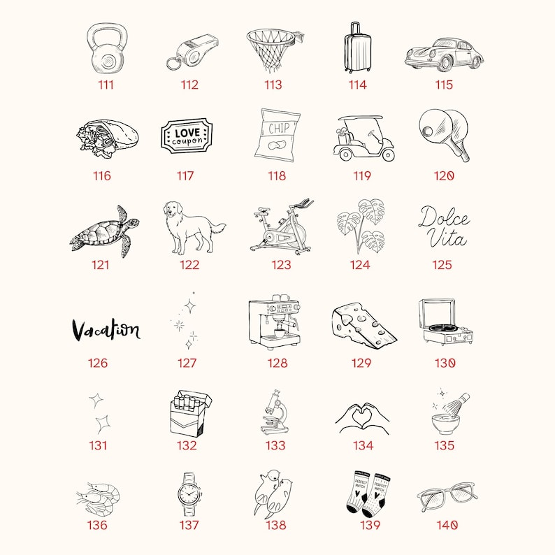 May include: A collection of thirty black and white line art icons arranged in a grid, each labelled with a number from 111 to 140. The icons depict various objects including a kettlebell, whistle, basketball hoop, suitcase, car, food, animals, and household items.