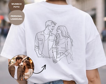 写真に基づいたパーソナライズされた線画Tシャツ、ミニマリストカップルシャツ、カップルへのギフト、バレンタインデーギフト、ギフトのアイデア