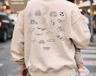 Personalisierter Pullover mit Wunschmotiven und Name, Papa Geschenk, Doodle Pullover, Linienillustration Hobbies, Persönlichkeitsmerkmale