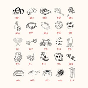 May include: A grid of twenty-five black and white line art icons representing sports and outdoor activities, each labelled with a red number from 001 to 025. The icons include items like a gym bag, dumbbell, trainers, racket, ball, bicycle, surfboard, backpack, and game controller.