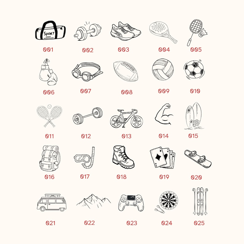 May include: A grid of twenty-five black and white line art icons representing sports and outdoor activities, each labelled with a red number from 001 to 025. The icons include items like a gym bag, dumbbell, trainers, racket, ball, bicycle, surfboard, backpack, and game controller.