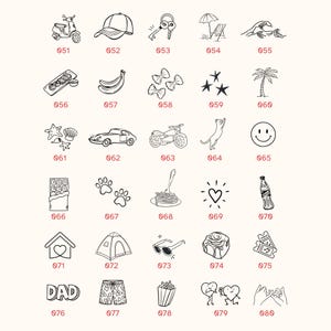 May include: A collection of thirty black and white line art icons arranged in a grid, each labelled with a three-digit number from 051 to 080. The icons depict various objects including a scooter, cap, keys, beach umbrella, wave, sushi, bananas, pasta, stars, palm tree, shells, car, motorcycle, cat, smiley face, chocolate, paw prints, spaghetti, heart, bottle, house, tent, sunglasses, cinnamon roll, tickets, the word DAD, shorts, popcorn, two hearts, and pinky promise hands.