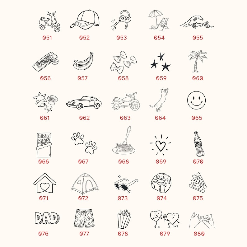 May include: A collection of thirty black and white line art icons arranged in a grid, each labelled with a three-digit number from 051 to 080. The icons depict various objects including a scooter, cap, keys, beach umbrella, wave, sushi, bananas, pasta, stars, palm tree, shells, car, motorcycle, cat, smiley face, chocolate, paw prints, spaghetti, heart, bottle, house, tent, sunglasses, cinnamon roll, tickets, the word DAD, shorts, popcorn, two hearts, and pinky promise hands.