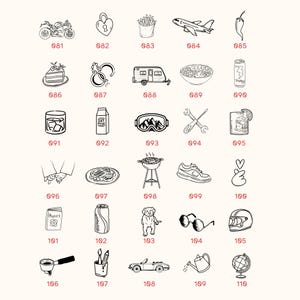 May include: A collection of thirty black and white line art icons arranged in a grid, each labelled with a three-digit number from 081 to 110. The icons depict various objects including a motorcycle, heart lock, chips, aeroplane, chilli, cake, handcuffs, camper, bowl, drink can, glass, oat milk, goggles, tools, cocktail, hands, steak, grill, trainer, finger heart, physics book, soda can, dog, sunglasses, helmet, portafilter, art supplies, convertible car, watering can, and globe.