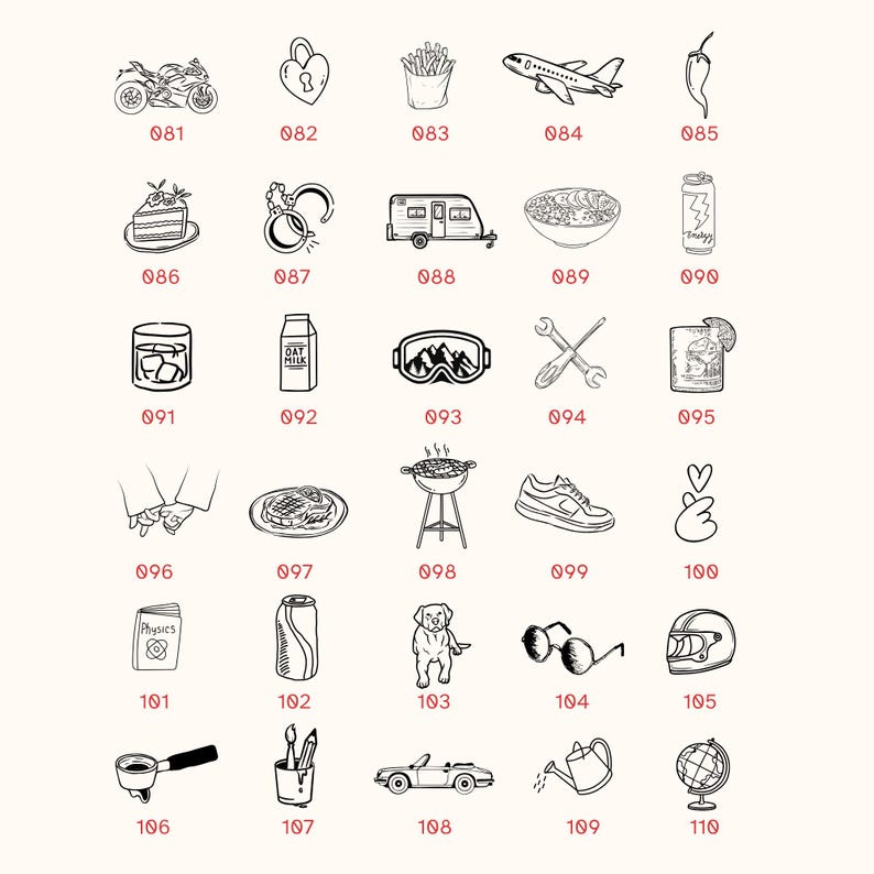 May include: A collection of thirty black and white line art icons arranged in a grid, each labelled with a three-digit number from 081 to 110. The icons depict various objects including a motorcycle, heart lock, chips, aeroplane, chilli, cake, handcuffs, camper, bowl, drink can, glass, oat milk, goggles, tools, cocktail, hands, steak, grill, trainer, finger heart, physics book, soda can, dog, sunglasses, helmet, portafilter, art supplies, convertible car, watering can, and globe.
