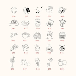 May include: A collection of twenty-five black and white line art icons labelled 026 through 050, featuring illustrations of a sun, smartwatch, music notes, aeroplane, headphones, camera, books, window, laptop, coffee pot, croissant, coffee, beer, wine, burger, pizza, photo, apron, instant camera, disco ball, cocktail, bowling, ice cream, dice, and rings.