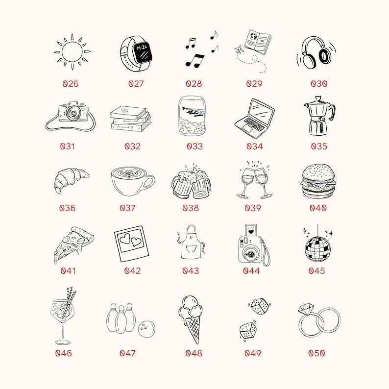 May include: A collection of twenty-five black and white line art icons labelled 026 through 050, featuring illustrations of a sun, smartwatch, music notes, aeroplane, headphones, camera, books, window, laptop, coffee pot, croissant, coffee, beer, wine, burger, pizza, photo, apron, instant camera, disco ball, cocktail, bowling, ice cream, dice, and rings.