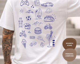 Personalized T-shirt, line illustration of hobbies, personality traits, gift idea, birthday present, Valentine's Day, doodle shirt