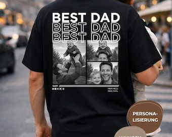 May include: Black t-shirt with the words "BEST DAD" repeated three times in white. The shirt features a collage of four black and white photos. Text on the shirt includes "GARY" and "MEIN PAPA".