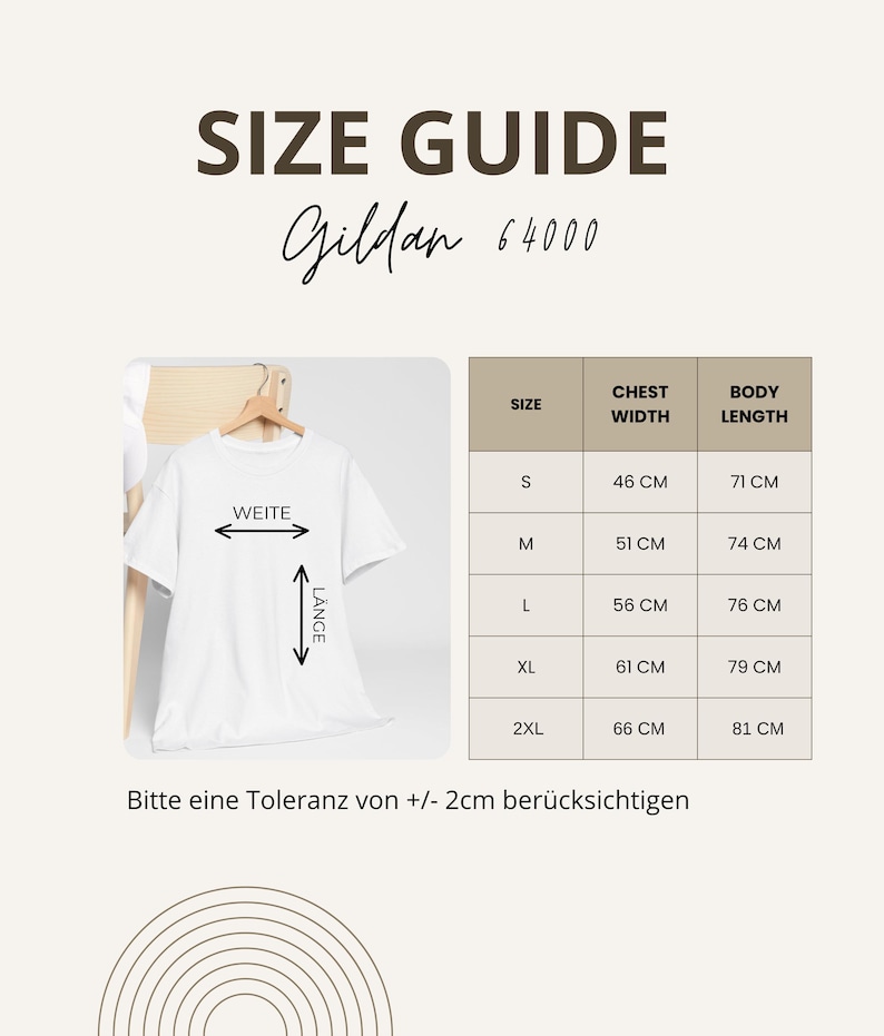 May include: A white t-shirt hanging on a wooden hanger, with a size guide chart. The chart lists sizes S to 2XL, chest widths from 46 cm to 66 cm, and body lengths from 71 cm to 81 cm. The text "SIZE GUIDE" and "Gildan 64000" are at the top.