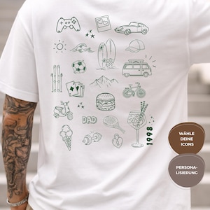 Personalisiertes Doodle Shirt für Papa oder Freund – Individuelles Geschenk mit Hobbys & Icons – Geburtstagsgeschenk Mann – Custom T-Shirt