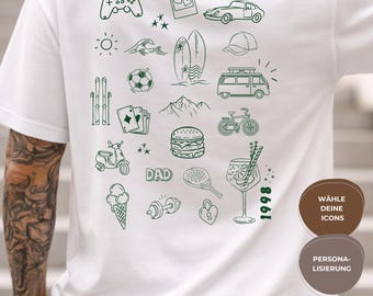 Personalisiertes Doodle Shirt für Papa oder Freund – Individuelles Geschenk mit Hobbys & Icons – Geburtstagsgeschenk Mann – Custom T-Shirt