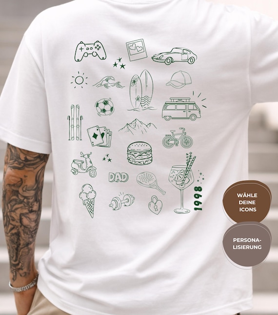 Personalisiertes Doodle Shirt für Papa oder Freund – Individuelles Geschenk mit Hobbys & Icons – Geburtstagsgeschenk Mann – Custom T-Shirt