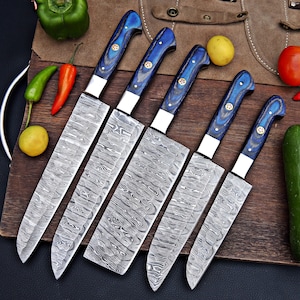 Personalized Damascus Steel Chef Set, 5 Pcs Handmade Kitchen Set, Professional Cooking Gift for Home & Restaurant