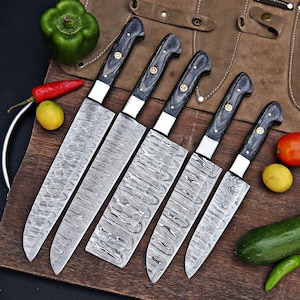 Personalized Damascus Steel Chef Set, 5 Pcs Handmade Kitchen Set, Professional Cooking Gift for Home & Restaurant