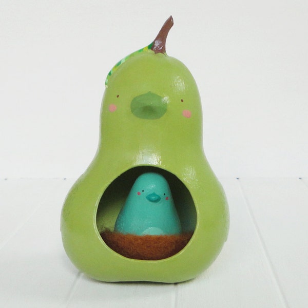 Bird in a pear house - Hand painted gourd and figurine