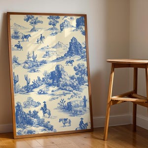 Lámina de vaquero con paisaje del oeste, lámina de vaquero con toile chinoiserie azul vintage, decoración infantil vaquera, descarga digital imprimible