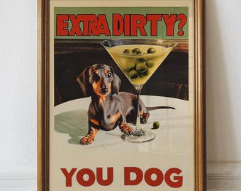 Funny Dachshund Art, Retro Aesthetic Dog Bar Cart Art Print, Dirty Martini Wall Art, Dog Cocktail, Weenie-Tini, Printable Digital Download