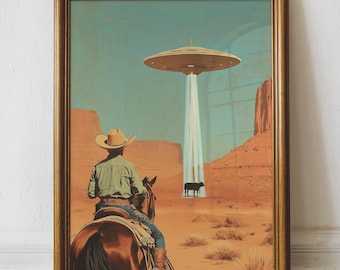Retro Cowboy UFO Art Print, Quirky Western Wall Decor (Digital Download)